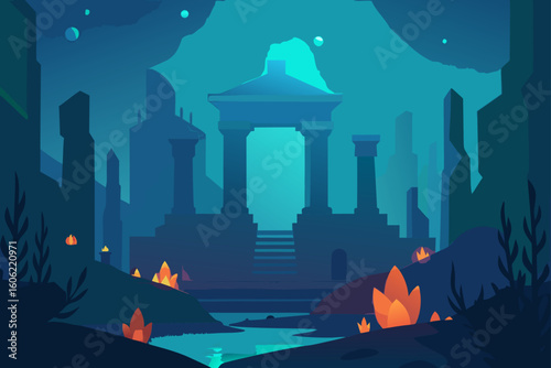 Ancient ruins with glowing torches and a temple under a starry sky