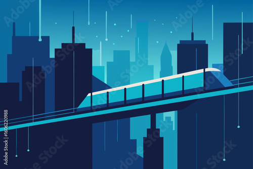 Modern high speed train traveling through a stylized cityscape at night