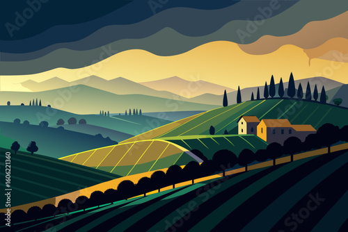 Stylized tuscan landscape with rolling hills and cypress trees