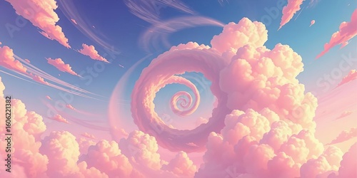 Whimsical spiral clouds swirl across a vibrant anime-style sky, pastel hues dominate,  cosmic,  celestial
