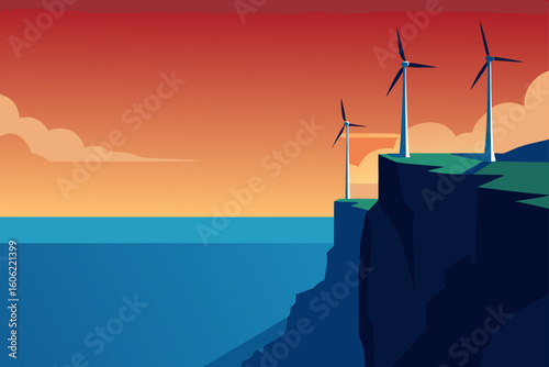 Wind turbines on a cliff overlooking the ocean at sunset