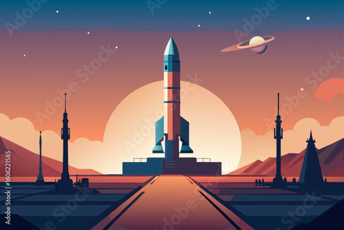 Futuristic rocket launch pad under a red sunset sky