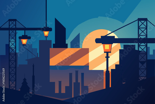 Cityscape construction at dusk with dramatic lighting