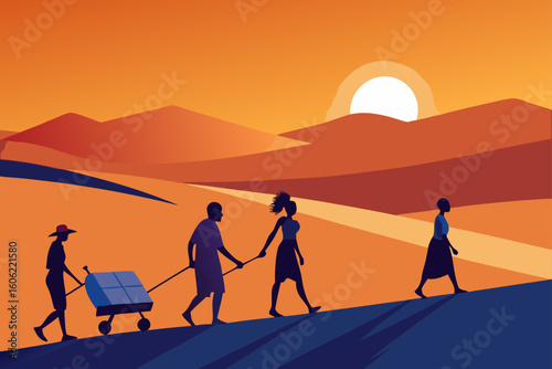 Silhouettes of people walking across a desert landscape at sunset