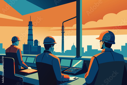 Engineers overseeing industrial operations at sunset
