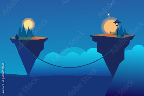 Floating islands with streetlights and trees at night