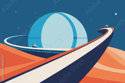 Futuristic cityscape with flying saucer and domed building