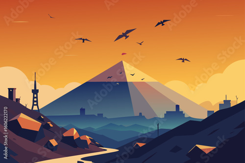 Journey to the summit flag at sunset with flying birds