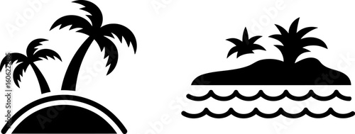 Tropical Island Icons: Simple Black Silhouette Palm Trees, Ocean Waves, and Landmass Graphics for Vacation, Travel, and Summer Designs.
