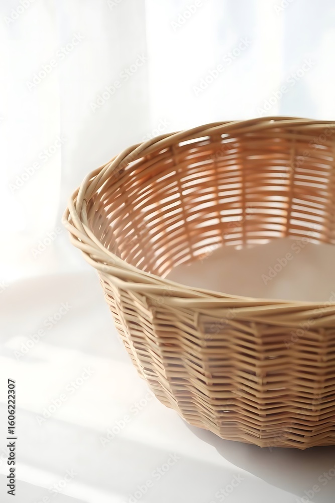 Fototapeta premium Woven basket on white surface basking in the soft glow of daylight