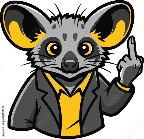 Cartoon opossum wearing a suit jacket and yellow shirt, raising its middle finger in a defiant gesture.