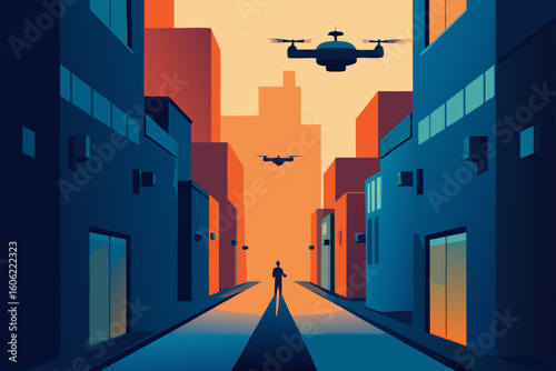 Drones patrol a city street at sunset with people walking
