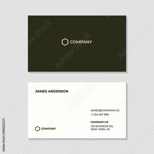Minimalist and Professional Business Card Template Design in Dark Olive Green and White. A clean, modern, and sophisticated corporate identity layout.