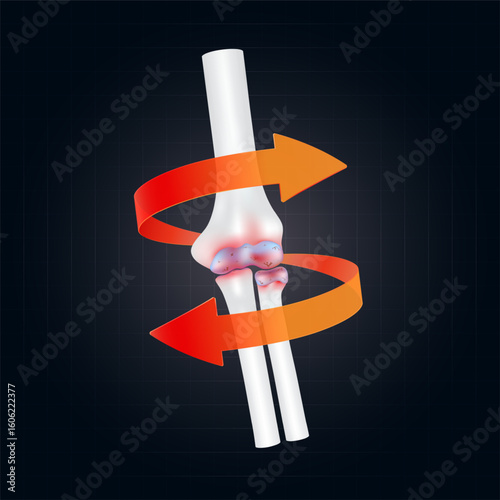 Arthritis and osteoarthritis. Red rotating arrow around elbow joint cartilage inflammation on dark background. Human arm skeleton anatomy. For design medical or scientific treatments. Vector EPS10.