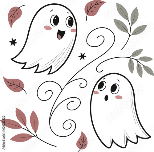 cute cartoon ghosts floating happily among falling red autumn leaves—adorable kawaii Halloween characters vector illustration for the fall season, isolated on a white background.