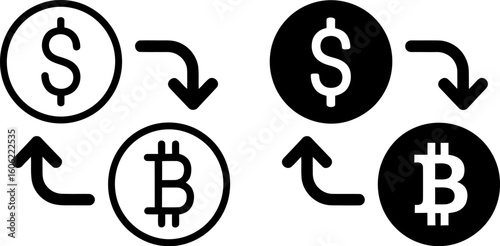 Cryptocurrency Exchange: Bitcoin and US Dollar Transaction Icons, Bold Black and White, Financial Technology Vector Graphics.