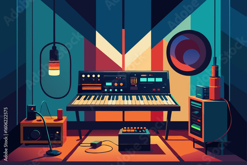 Retro music studio setup with vintage synthesizers and audio equipment