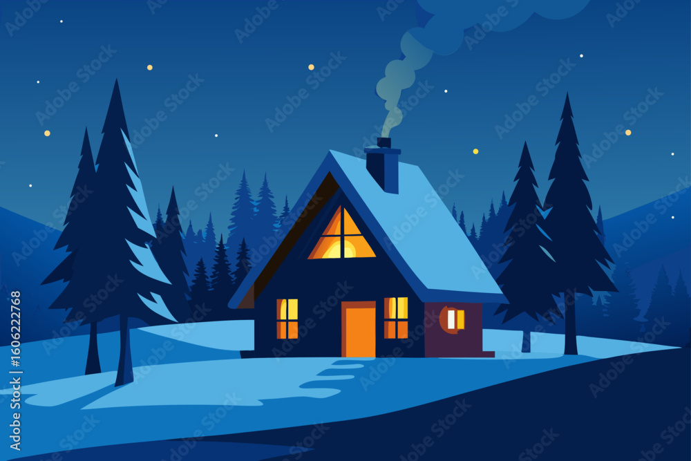 Fototapeta premium Cozy winter cabin in a snowy forest at night