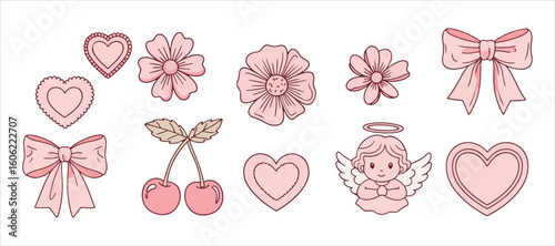 Collection of charming coquette bows, ribbons, patches, flowers, cherries, hearts, and angels. Sophisticated vintage cliparts in soft pink hues. Hand-drawn line art feminine decor.