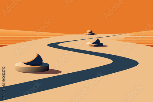 Minimalist desert landscape with winding path and scattered stones under a pale moon