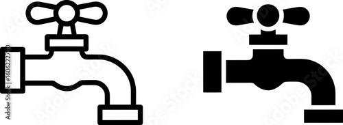 Water Tap Icons: Outline and Solid Style, Simple Plumbing Symbols, Clean Minimalist Design.