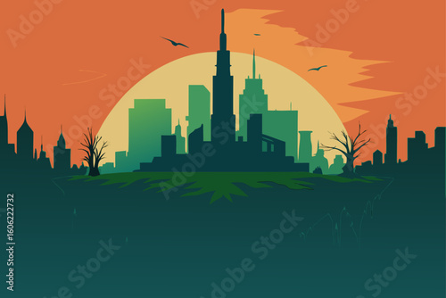 Floating city silhouette against a sunset sky