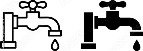 Water Tap Icons: Line Art and Solid Black Styles, Dripping Water, Simple Design