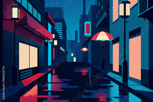 Lone figure with umbrella walks down a rainy city street at night