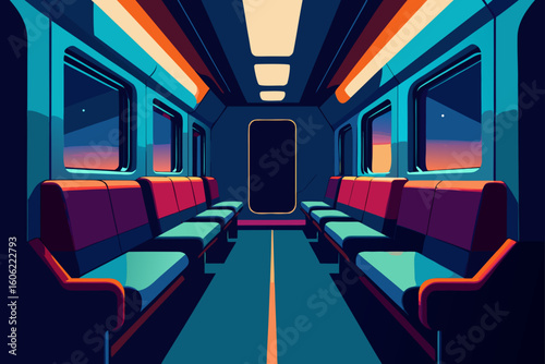 Futuristic train interior with sunset view
