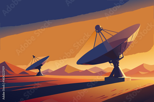 Satellite dishes in a desert landscape at sunset