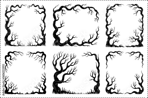 Halloween tree frame vector set, haunted border collection, spooky branch design, unique creative illustration for crafts