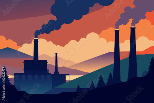 Industrial smokestacks against a fiery sunset sky