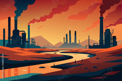 Industrial landscape with smokestacks and polluted river at sunset