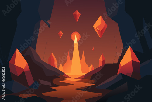 Mysterious cave illuminated by glowing crystals and a fiery river
