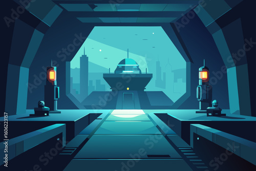 Futuristic sci fi control room with blue and teal tones