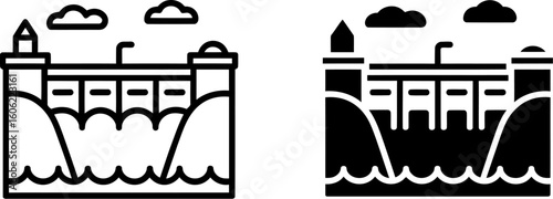 Hydroelectric Dam Icon: Line Art and Solid Fill Versions, Water Power, Energy Production