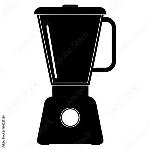 A black silhouette of a kitchen blender with a lid and handle, isolated on white