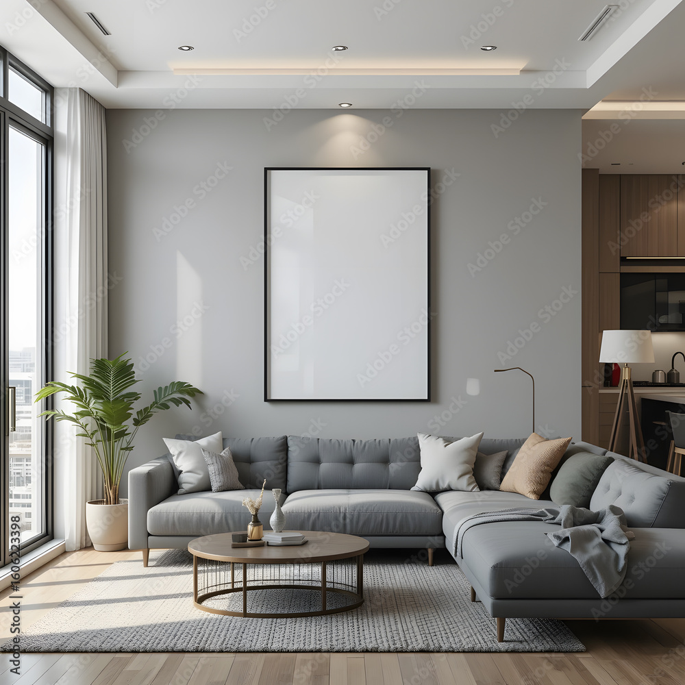 Fototapeta premium 3D isometric frame mockup, ISO A paper size, living room wall poster mockup with modern interior design and cozy house background.