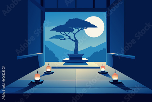Serene zen garden with bonsai tree and candles