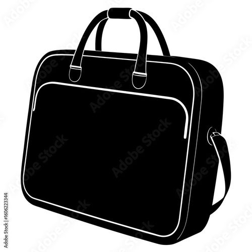 A black silhouette of a briefcase with handles and a shoulder strap isolated on white