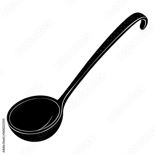 A black silhouette of a ladle with a curved handle isolated on a white background