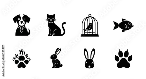 Simple black pet icons: dog, cat, bird, fish, rabbit, paws.