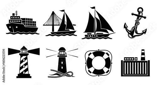 Collection of nautical themed icons including ships, lighthouses, anchor, lifebuoy, and industrial building.
