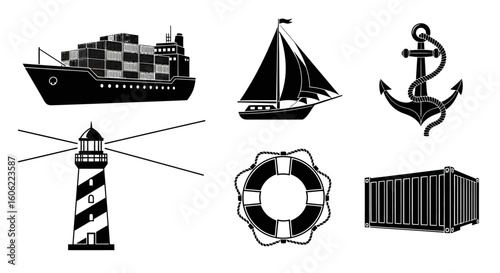 Black and white nautical icons, including a cargo ship, sailboat, anchor, lighthouse, life preserver, and shipping container.