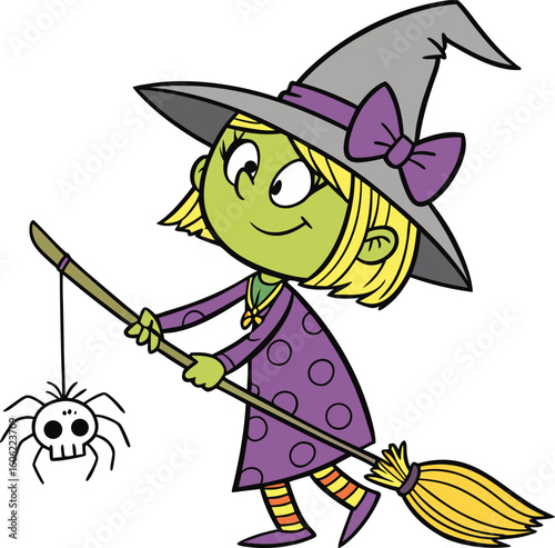 A cartoon witch in a purple dress and hat, walking with her broomstick and a dangling spider, with a skull in her pocket. Cute Halloween character vector illustration isolated on white.