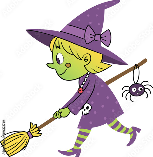 A cartoon witch in a purple dress and hat, walking with her broomstick and a dangling spider, with a skull in her pocket. Cute Halloween character vector illustration isolated on white.