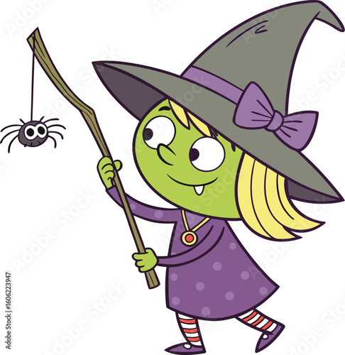A cartoon witch in a purple dress and hat, walking with her broomstick and a dangling spider, with a skull in her pocket. Cute Halloween character vector illustration isolated on white.
