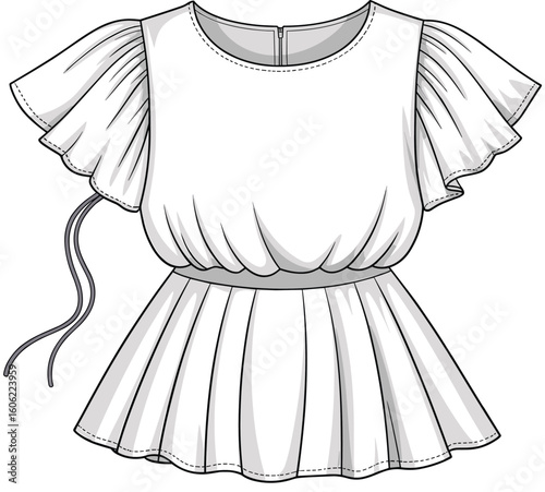 Cad drawing flat vector illustration, white blouse design, flutter sleeves, cinched waist, women’s fashion, garment sketch, sewing pattern, clothing template, fashion design concept