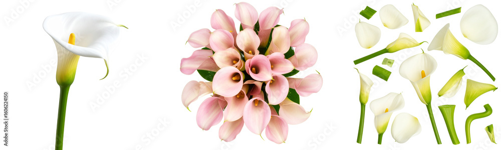 Fototapeta premium Set Flat lay of scattered calla lily petals and curved stems, abstract floral layout, transparent background PNG