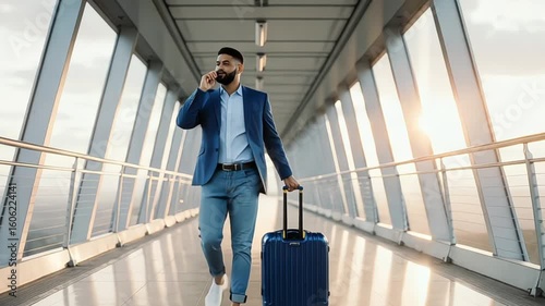 Wallpaper Mural Stylish businessman on the phone with luggage at airport walkway during travel Torontodigital.ca